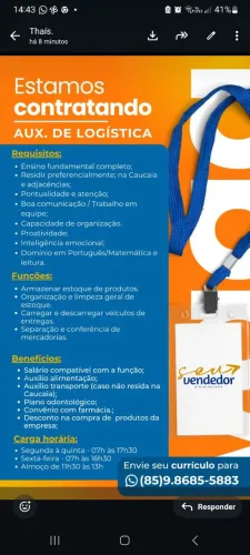 Vaga para Auxiliar de Estoque