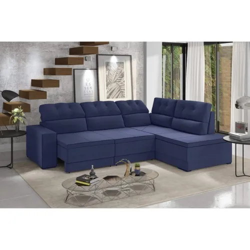 Sofá Monte Carlo Retratil Canto Veludo Azul - Frete Grátis - 10x S/ Juros - Receba Hoje