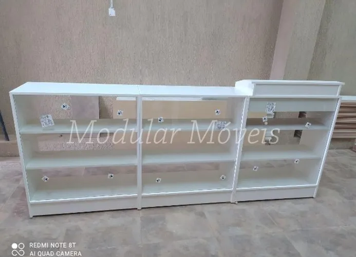 Balcão Caixa Vitrine + 2 Balcões Vitrine Branco 100% MDF