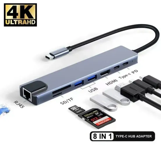 Adaptador Hub 8 em 1 com HDMI, Leitor de Cartões e Pendrives para PC, Mac, Smartphones