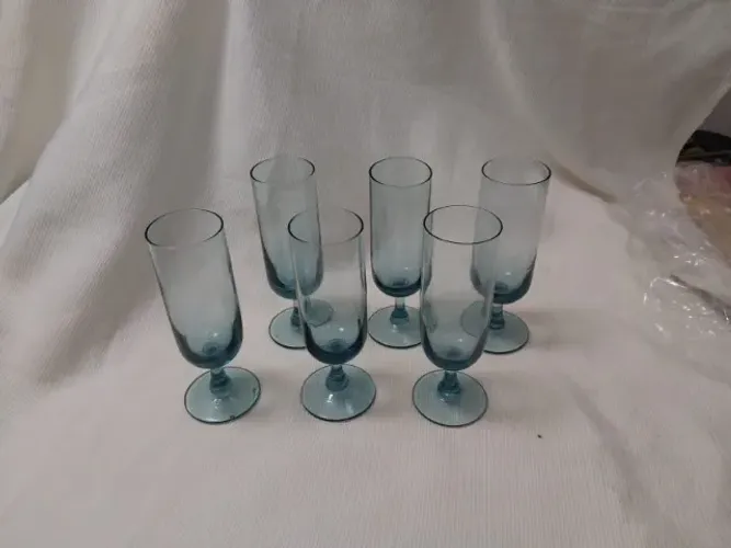 6 Taças Cristal, Cor Azul Água, modelo Flute p/ Champagne