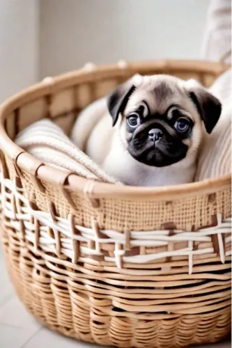 Pug filhote olhos arregalados de alegria