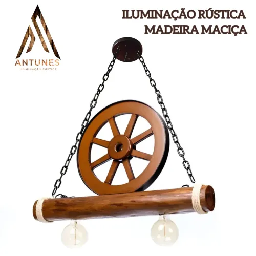 Luminária De Madeira 2 Bocal Caibro Redondo Rustico com Roda de Carroça