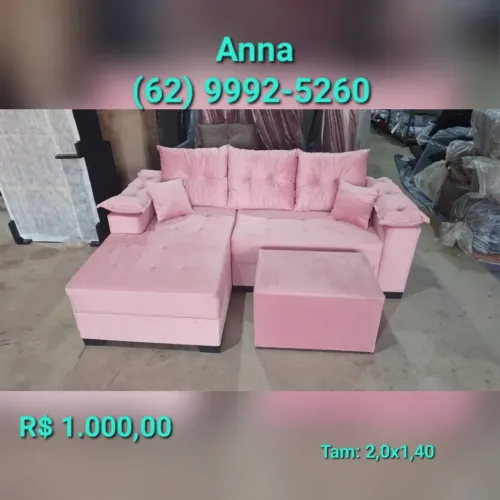 Sofá de canto rosa com puff | 2,0x1,40m