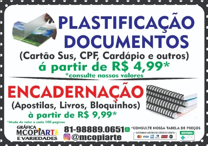 Plastificação A4 ou Encadernação livros, apostilas e etc.