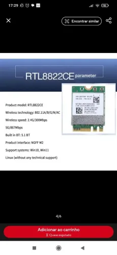 Placa de Rede Wi-Fi e Bluetooth RTL8822CE