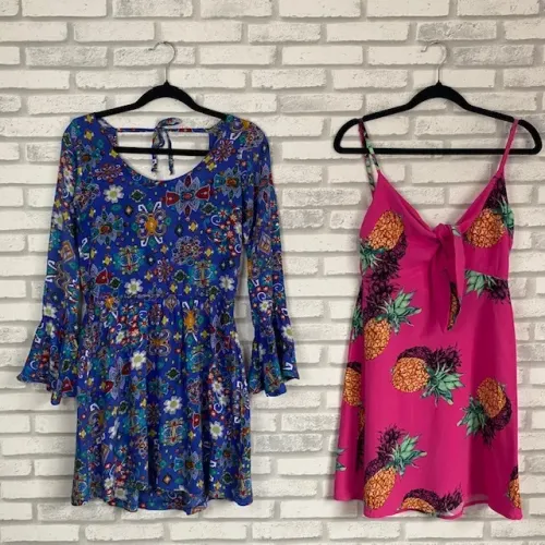 Kit Vestidos Estampados Código Girls Azul + Blue Steel Rosa Abacaxi Tamanho PP-P