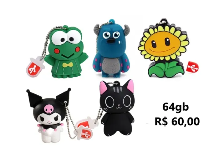 Pendrive 64gb homem de ferro, gato, plants vs zombies etc