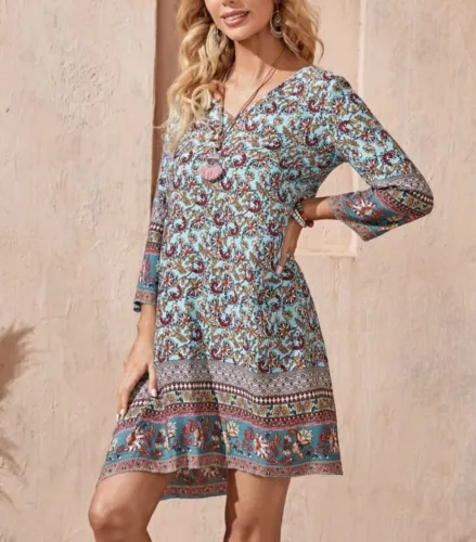 Vestido de mangas estampado Boho importado seminovo