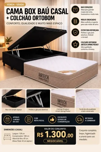 Cama Box Baú Casal + Colchão Ortobom Airtech