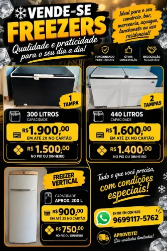 ? Freezers 300L, 440L e vertical! Ótimas condições. A partir de R$ 750. Chame!