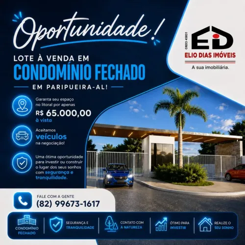 Não perca esta OPORTUNIDADE! R$65.000,00 Lote a venda em Condomínio fechado em Paripueira