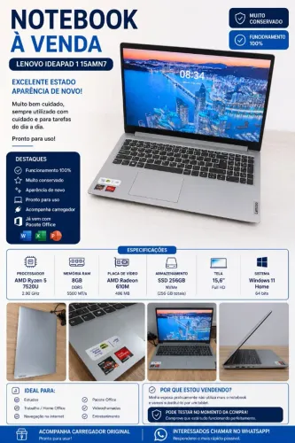 Notebook Lenovo ideapad 1 Ryzen 5 7520U | 8GB DDR5 | SSD 256GB | windowns 11 | Muito novo