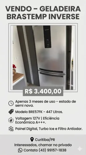 Geladeira Brastemp 447L Frost Free Inverse Inox 127V - 3 Meses de uso
