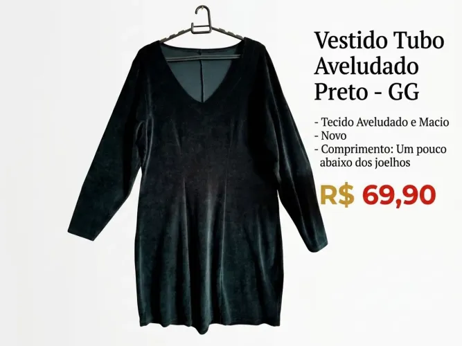 Vestido preto tubo aveludado e macio, gg, novo, altura abaixo dos joelhos!