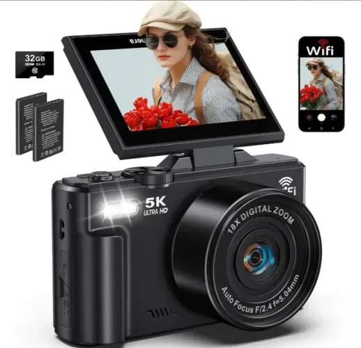 Câmera Compacta Acrensly 080-Preta 75 Mpx Wi-Fi Com Zoom 18x e Tela Flip