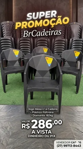 Jogo Mesa Plástico Com 4 Cadeiras Poltrona Diamante 182kg