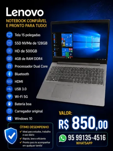 Notebook Lenovo com SSD nvme de 128 gigas + HDD de 500 gigas + 4 Gb de RAM ddr4 + Win 11