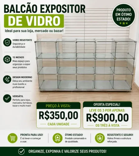 Balcão expositor de vidro