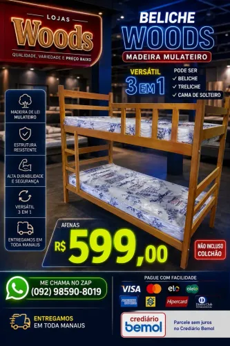 Beliche Madeira R$ 599,00 Tam 1.88x0.88 Entregamos em Manaus e Interior, Porto, Balsa