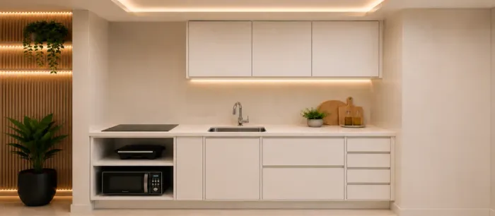 Cozinha 100% MDF com Bancada em Quartzo Branco Zeus