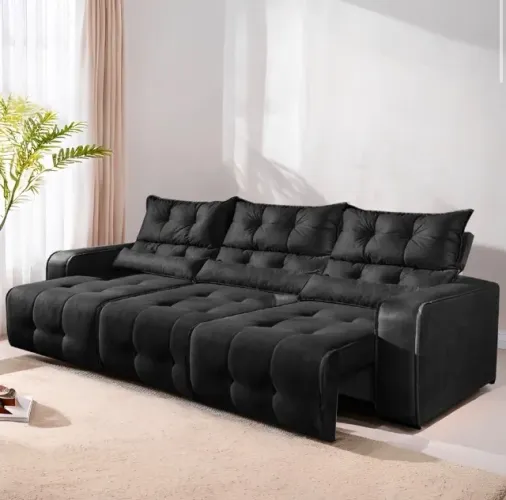 Sofá Retrátil Reclinável Elegance Veludo Preto 2,50 m