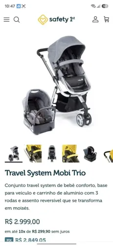Carrinho Safety first Travel System com bebê conforto e suporte para carro  