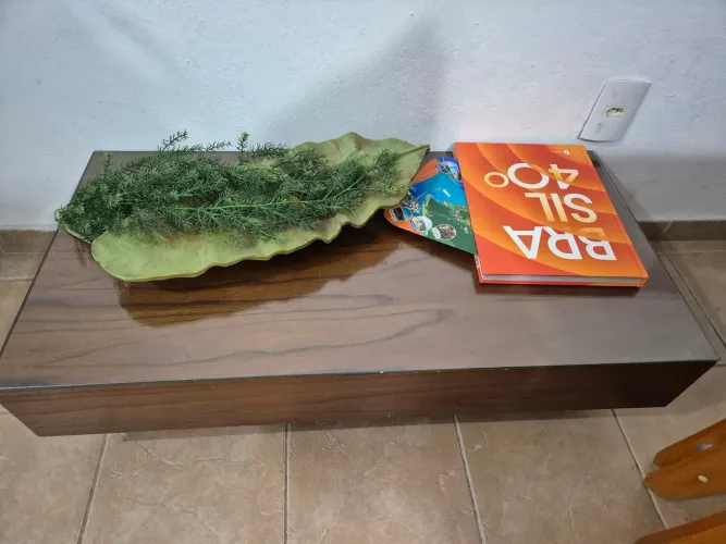 Mesa de centro de madeira cm vidro em cima