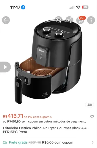 Fritadeira Elétrica Philco Air Fryer Gourmet Black 4,4L PFR15PG Preta