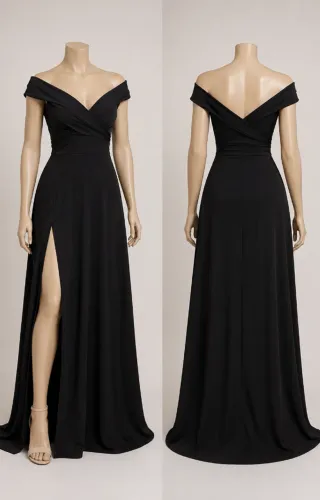 Vestido Longo De Festa Evasê, Com Fenda na Perna Esquerda