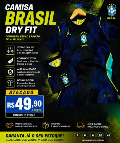 ? Camisa Seleção Brasileira Dry Fit Preta | Atacado e Varejo | Qualidade Premium