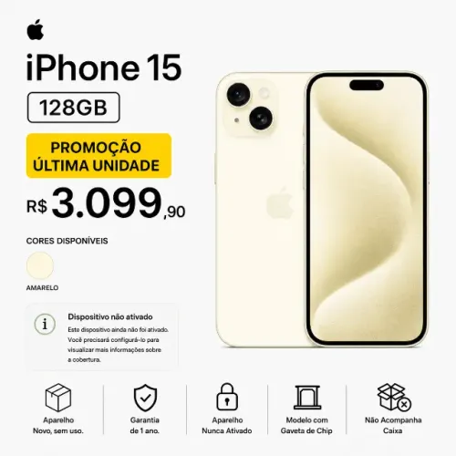 Apple iPhone 15 128GB 5G Amarelo Novo Nunca Ativado Última Unidade Open Box