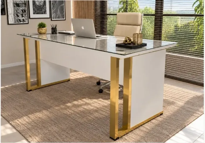 Mesa de Escritório Gold Negretta Com vidro Temperado 8mm. L105CM X P55cm x A74CM. 1 gaveta