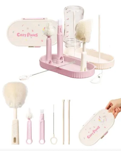 Conjunto Portátil de Escova para Mamadeira Infantil Unicórnio Rosa
