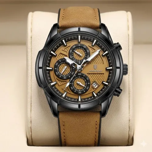 Relógio masculino poedagar - pulseira em couro marrom