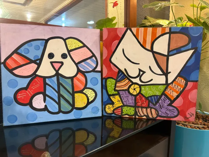 Par De Quadros Pop Art Gato E Cachorro 40x40cm - Pintados À Mão