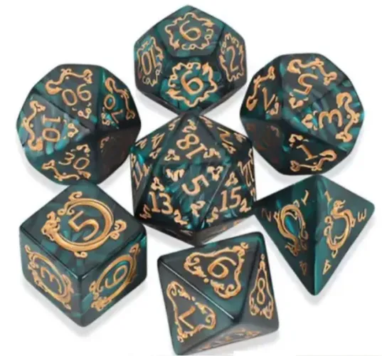 Kit 7 Dados Verde Para Jogos Magic DnD Rpg Com Bolsinha