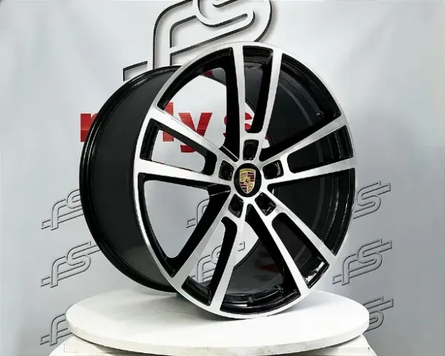 Jogo de Roda Porsche Cayenne Preto Diamantado 5x130 - 22x10 e 22x11,5 Offset 48 e 61 (Nv)