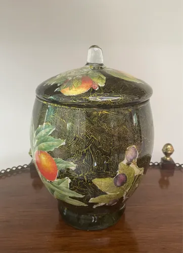 Potiche decorativo com tampa - Pintura de frutas - Estilo vintage - 22 cm