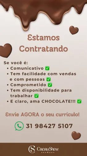VAGA AVAGA ABERTA - ATENDENTE/VENDEDOR(A) | CACAU SHOW