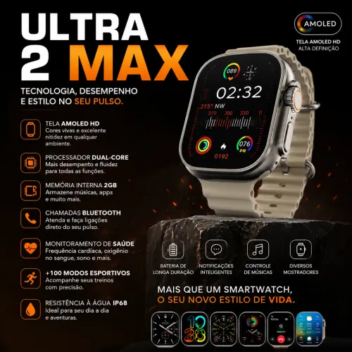 Ultra 2 Max - Tela Amoled, Função 2 Gestos E Cpu Dual Core Relógio Inteligente