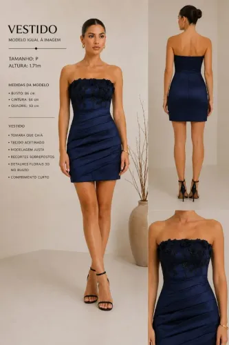 Vestido Azul Cetim com Bojo tomara que caia e bordado no Bojo com Paete.