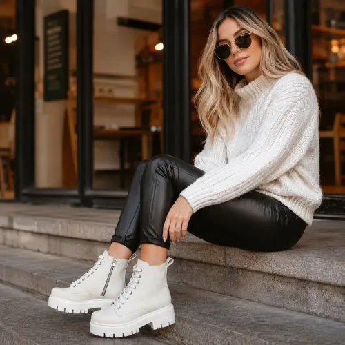 Bota Feminina Branca Plataforma Tratorada Coturno Cadarço Estilo Tumblr NOVA