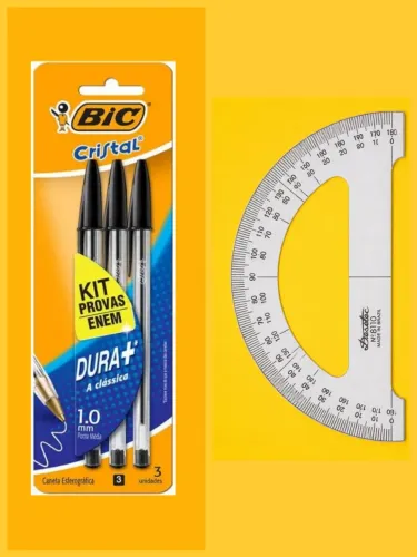 Kit canetas pretas bic + transferidor 180graus