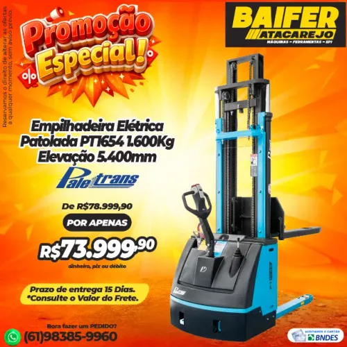 Empilhadeira Elétrica Patolada PT1654 1.600Kg Elevação 5.400mm + Bateria + Carregador