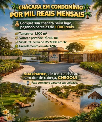 Chácaras em condomínio beira lago