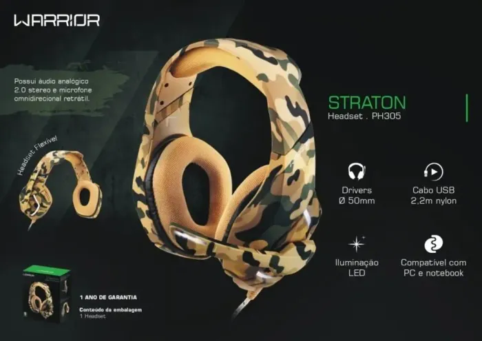 Fone Headset Gamer Warrior Straton Army Usb 2.0 Led Ph305