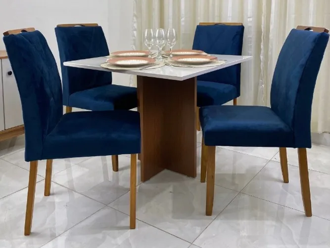 Mesa de Jantar Los Angeles 90×90 c/ 4 Cadeiras Califórnia Cinamomo/Off white/Azul Até 12x