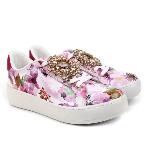 Tênis Floral em Couro com Detalhe em Strass - Tamanho 38