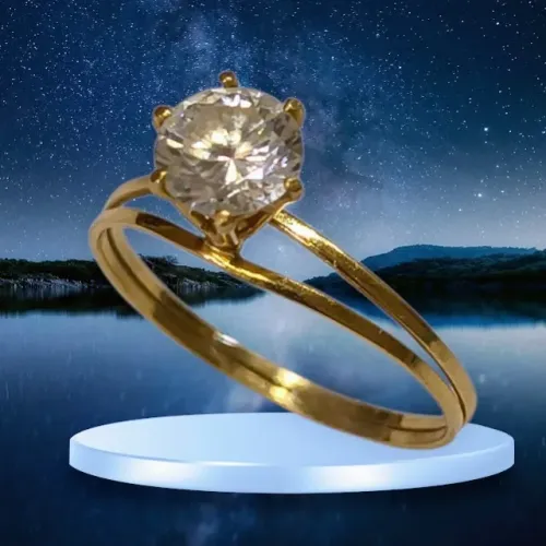 Anel Solitário de Ouro Amarelo em Dois Fios com Pedra Transparente